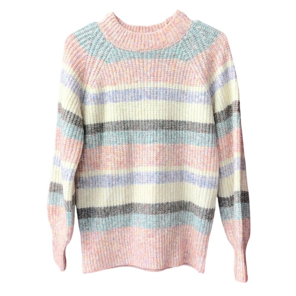 Dunnes Sweater Women Small Multi Striped Pastel Knit Crew Neck Raglan Sleeve
